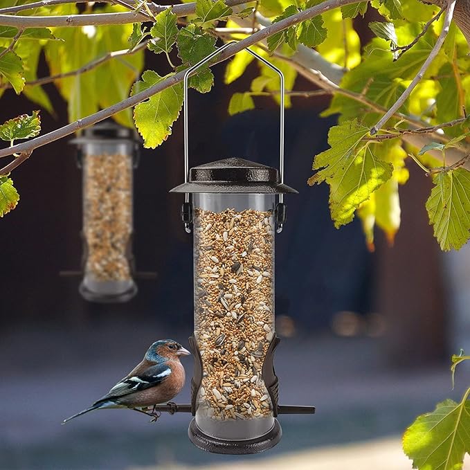 MIXXIDEA Wild Bird Feeders for Outdoors Hanging 2 Pack Stainless Steel Tube Bird Feeder, Water Resistant Finch Bird Feeder for Garden Backyard Decoration Attractive Metal Thistle Feeder (Coffee)