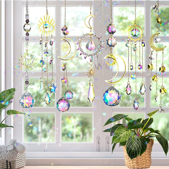 Maitys 7 Pcs Crystal Suncatcher for Window Hanging Sun Catchers with Crystal and Agate Crystal Prisms Decor for Indoor Outdoor Home Party Wedding Decor Hanging Crystals for Decoration (Exquisite)