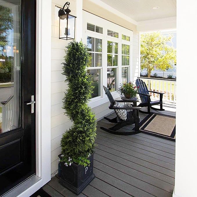 39 inchBoxwood Artificial Cedar Spiral Topiary Trees – Decorative Fake Greenery in Planter Pots for Front Porch, Outdoor Walkway, Entryway Decorating, Set of 2