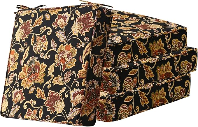 Square Corner Seat Cushions, 19" x 19" x 3", Set of 4, Indoor Outdoor Water Repellent Universal Chair Pads with Ties for Patio Furniture, Garden Deck Dining Chairs, Red Yellow Vine Flower