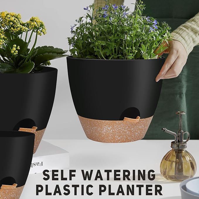 12" 10" 9" Large Self Watering Plant Pots, 3 Pack Flower Pots Planters with Multi Mesh Drainage Holes for Indoor Outdoor Garden Plants and Flowers (Black)