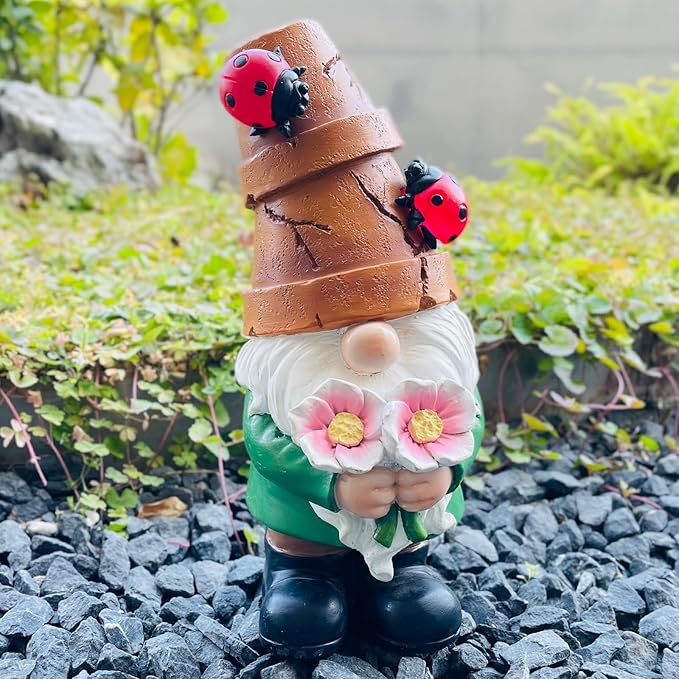 Garden Gnome Statues Outdoor Decor, Solar Gnomes with LED Lighted Flowers, Solar Resin Garden Outdoor Statue Sculpture, for Woman Gift Home and Garden Decor