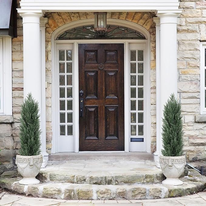 THE BLOOM TIMES 4ft Topiary Trees Artificial Outdoor 2 Pack – UV Resistant Faux Cedar Pine Cypress Bushes and Shrubs, Fake Potted Plants for Front Porch Outside Planter Patio Decor, Set of 2 (4 Foot)