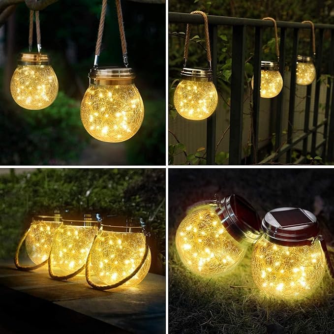 Solar Lantern Crackle Glass Ball, 4 Pack Garden Hanging Solar Lights Outdoor Waterproof Lanterns with 30 Warm White LED for Outdoor Decor Patio Yard Lawn Pathway