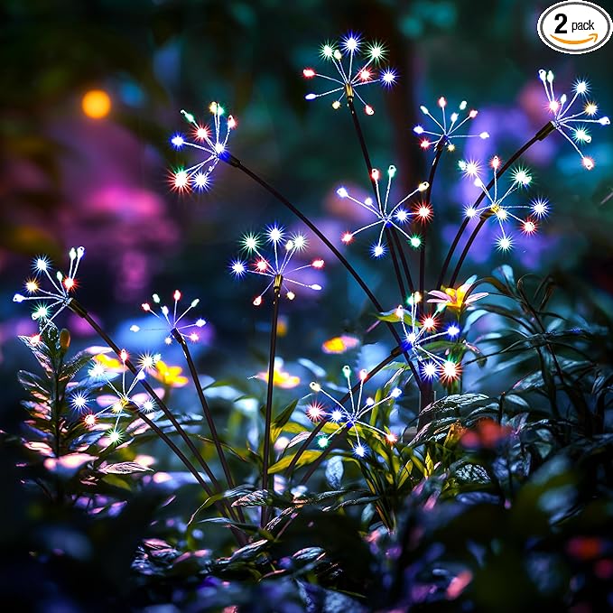 Solar Garden Decor Lights Outdoor, Solar Powered Lights Waterproof for Yard Patio Porch Flowerbed, Fairy Gardening Supplies Gifts Firwork(2 Pack Multi-Colored)