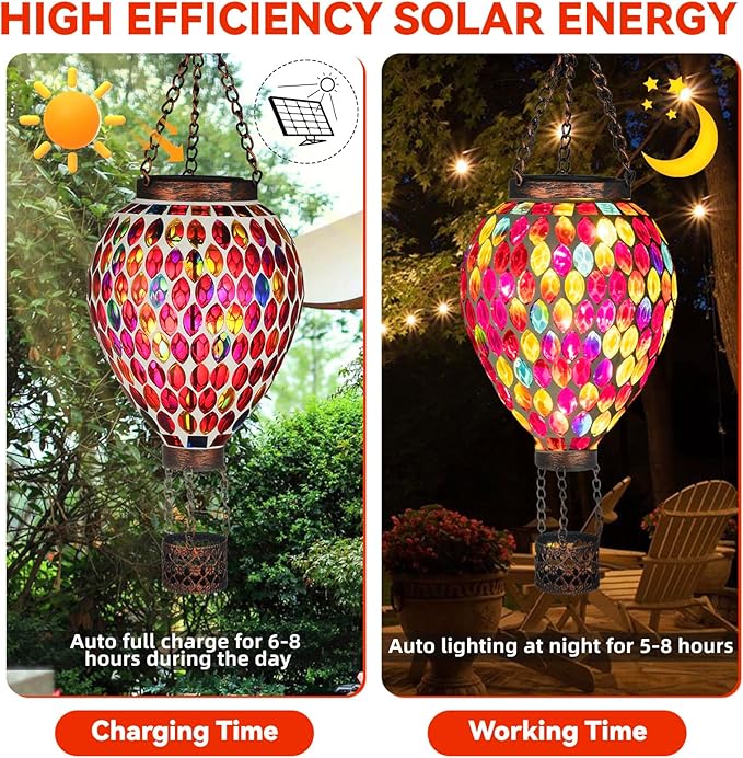 VOREEN Hot Air Balloon Solar Lantern, Mosaic Solar Outdoor Hanging Wind Light, Waterproof, Patio Festive Decor, Easter Gifts for Mom Father Grandma, Red