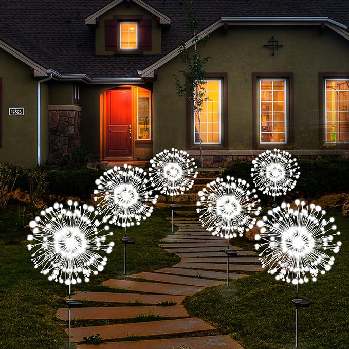 Solar Garden Lights Solar Firework Light Outdoor Waterproof 2 Pack Solar Powered Art Stake Twinkle Lights Outside Decor 180 LED Sparklers String Light for Yard Pathway Decorations (White)
