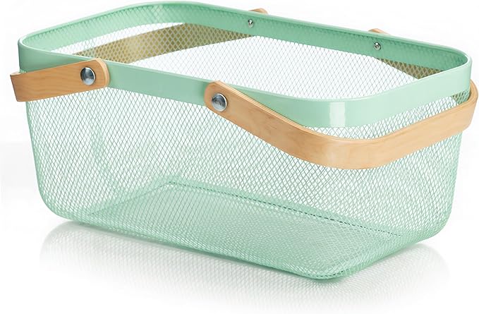 Portable Mesh Harvest Basket - Natural Bamboo Handle Foldable Organizer for Kitchen, Garden & Picnic | Ventilated Storage Bin with Rust-Proof Wire, Space-Saving Farmhouse Decor (Nebula Green)