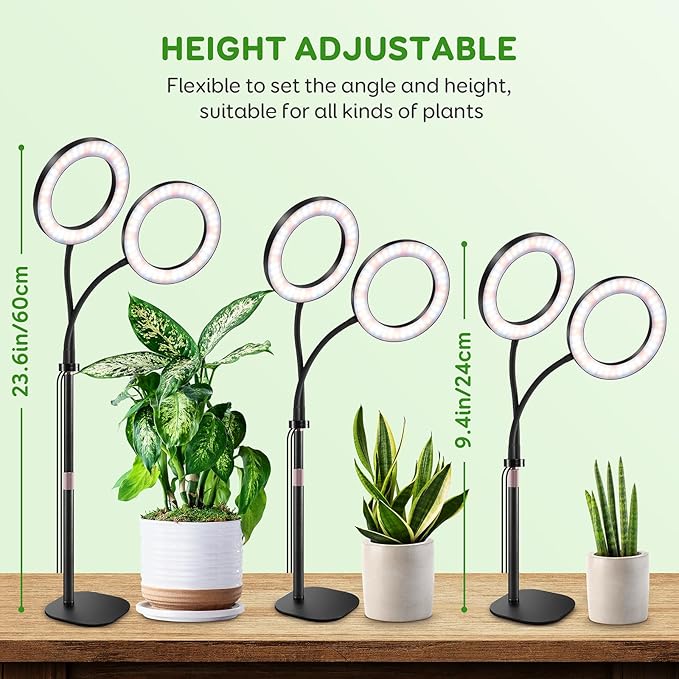 Dual Heads Grow Lights for Indoor Plant Full Spectrum, Desk Halo Plant Lights for Indoor Growing with 3/9/12 Timer, 5 Dimmable Levels,Height Adjustable 9.4-23.6",Strong Metal Base Happy Light