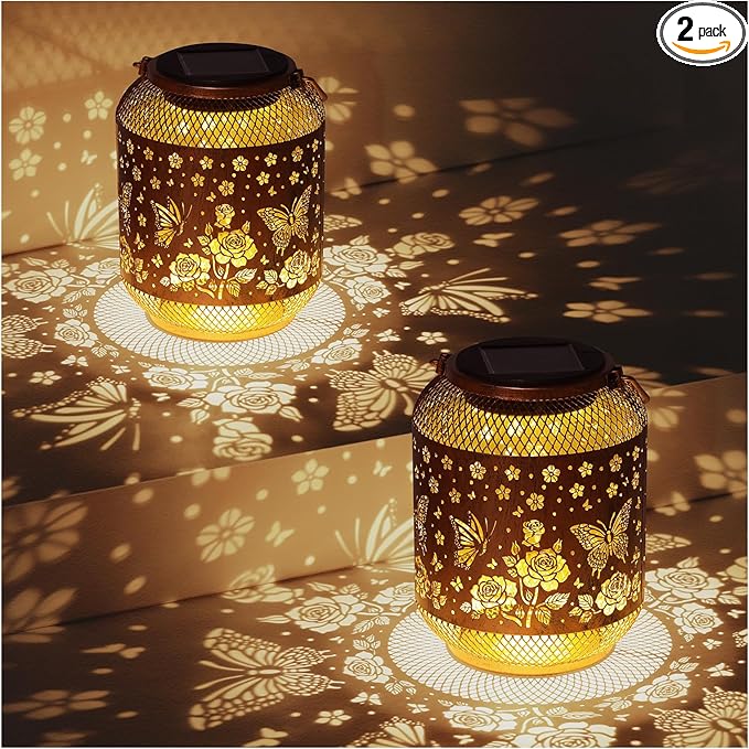 2 Pack Butterfly Solar Lanterns Outdoor Waterproof Rose Garden Decor Gifts for Women Mom Grandma Hanging Solar Lights Metal Lantern Decoration Outside for Yard, Patio, Backyard, Porch