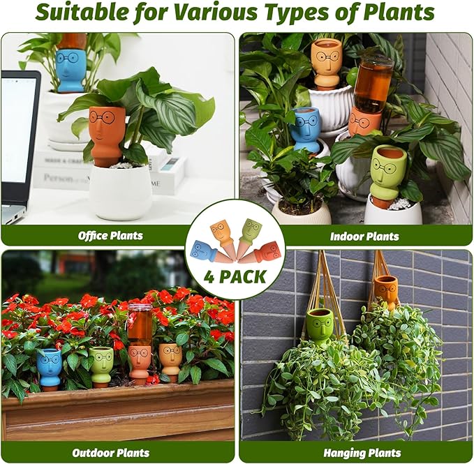 Terracotta Self Watering Spikes, 4 Pack Self Watering Planter Insert, Vacation Plant Slow Release Watering Devices for Indoor Outdoor Plants, Big Head