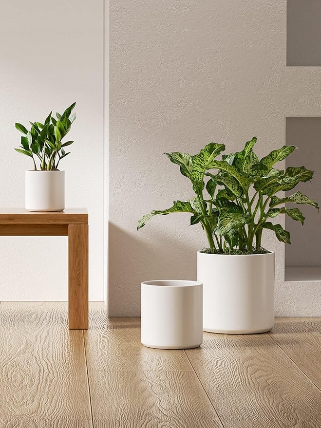 LE TAUCI Ceramic Plant Pots Indoor, 10 Inch 8 Inch 6 Inch Planters for Indoor Plants, Mid-Century Modern Flower Pots with Drainage Hole and Plug, Cylinder Round Planter Pots, Set of 3, White