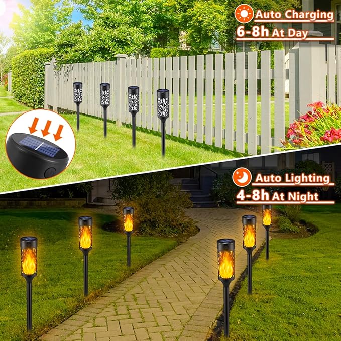 6Pcs Solar Lights Outdoor Waterproof, Tiki Torches for Outside with Flickering Flame, Solar Powered Outdoor Lights for Garden Decor, LED Luces Solares Garden Lighting for Pathway Yard Decorations