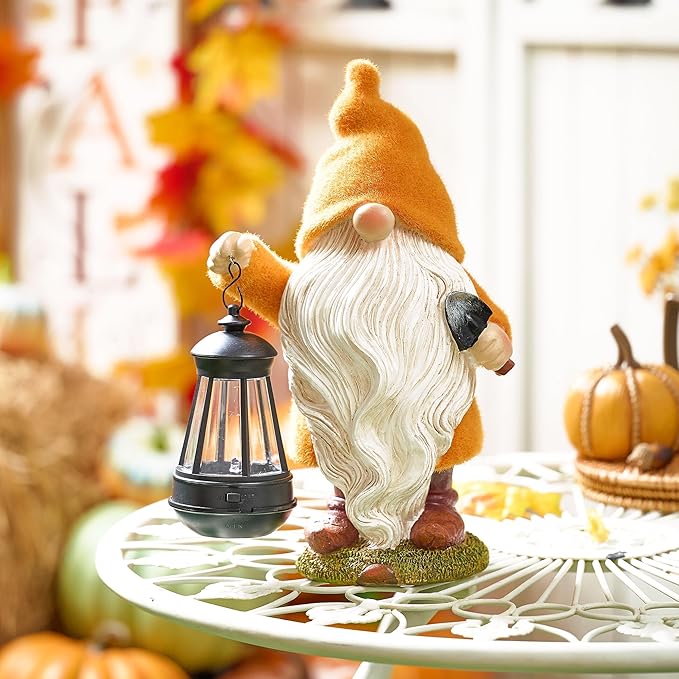 TERESA'S COLLECTIONS Christmas Outdoor Statue for Home, Resin Gnome Decorations with Solar Outdoor Lights for Garden Decor,Yellow Garden Sculptures & Statues for Front Patio Lawn, Gifts for Mom,12"