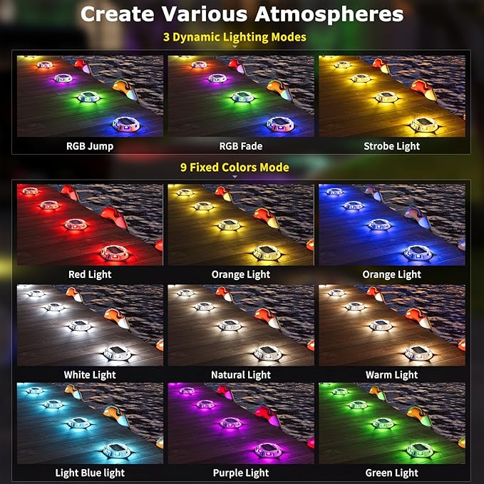 12Pack Aluminum Alloy Solar Driveway Lights, IP68 Solar Deck Light Marine Dock Lights Outdoor Waterproof, Multi-color LED Driveway Markers for Walkway, Path Decor [12Modes - Strobe/RGB/Fix-color]