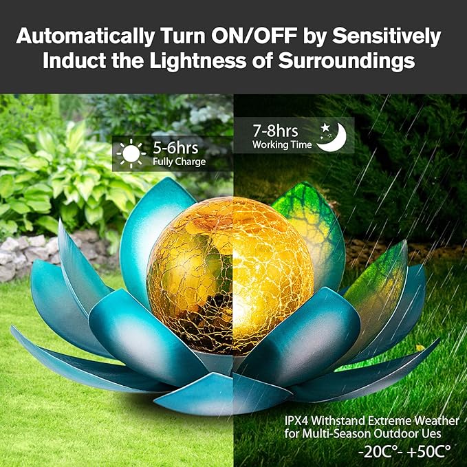 Solar Light Outdoor(2Pack), Art Crackle Globe Glass Lotus Decoration, Solar LED Waterproof Blue Metal Flower Lights for Patio,Lawn,Walkway,Tabletop