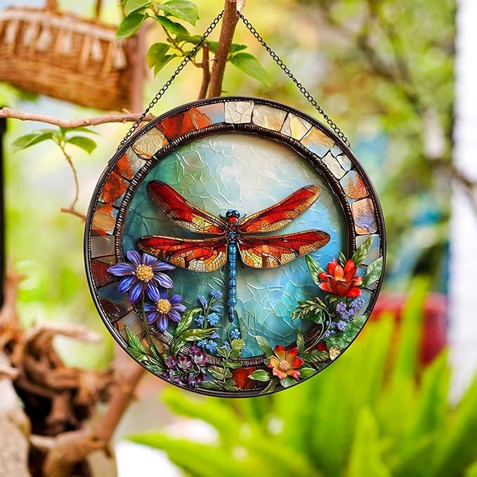 Dragonfly and Flower Suncatcher Stained Glass,Hanging Stained Glass Suncatcher for Windows,20cm/7.87inch Hand-Painted Sun Catcher Garden Hangings Halloween Fall Christmas Decor for Home