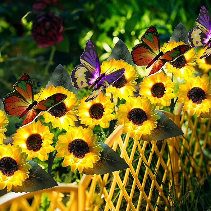 Solar Sunflower Lights Outdoor Garden Lights, 2 Pack Solar Flower Lights with Butterfly Waterproof Garden Decor, Gifts for Mom Grandma, Sunflower Stake Led Lights for Yard Patio Lawn Pathway Outside