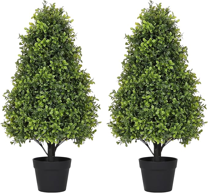 30" Artificial Boxwood Faux Plants Outdoor, UV Resistant Topiary Trees Realistic Cone-Shaped Fake Bushes and Shrubs Potted Fakeplants Set of 2 for Front Porch Patio Outside Planter Decor