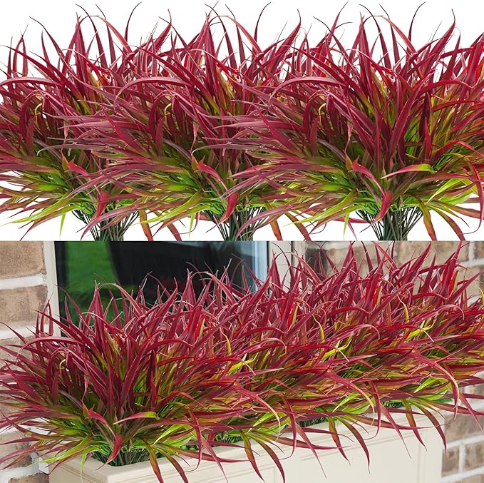 Uieke 28 Bundles Artificial Outdoor Plants UV Resistant Fake Grass Plants Faux Plastic Plants Greenery Shrubs for Home Garden Pathway Window Box Front Porch Summer Fall Decor, Deep Red
