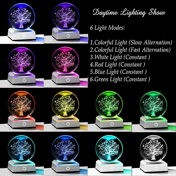 Qianwei 3D The Tree of Life Crystal Ball with LED Colorful Lighting Touch Base,Flower of Life Meditation Chakra Grid Night Light, Sacred Geometry Art Symbol for Spiritual Decor