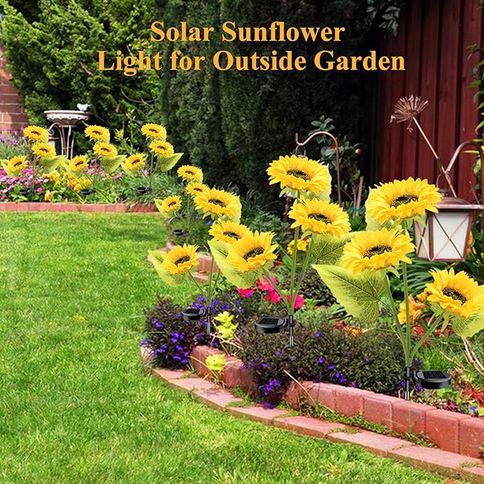 Solar Garden Lights Outdoor Waterproof, 2 Pack Solar Powered Decorative Sunflower Garden Stake Lights for Outdoor Patio Pathway Walkway Landscape Yard Cemetery Grave Decorations