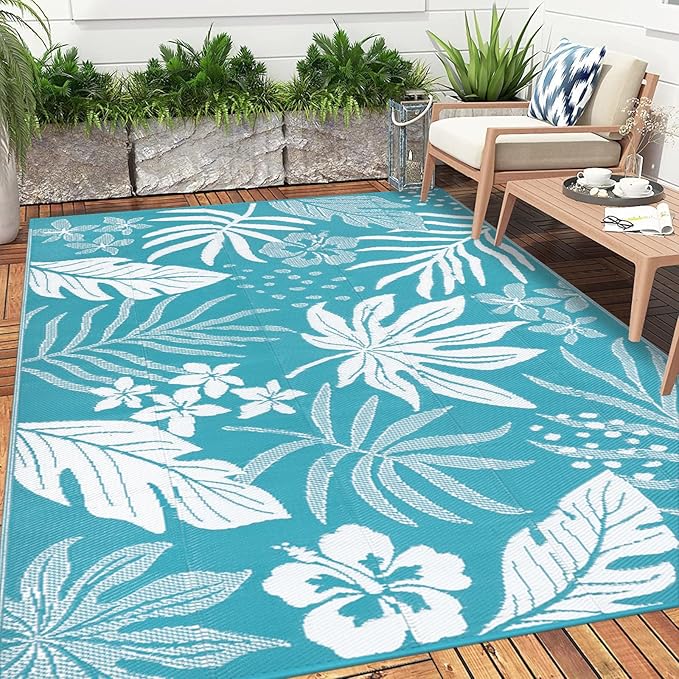 Pauwer Waterproof Outdoor Rug 5x8, Reversible Plastic Straw Patio Camping Rug, Indoor Outdoor RV Mat Carpet for Deck, Camper, Porch, Balcony, Backyard, Picnic, Floral Teal