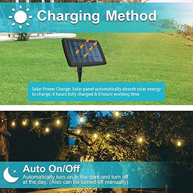 FMART LED 49 Foot Solar Powered String Lights with Vintage Style Waterproof, Shatterproof Plastic Bulbs for Exterior Decoration and Outdoor Use