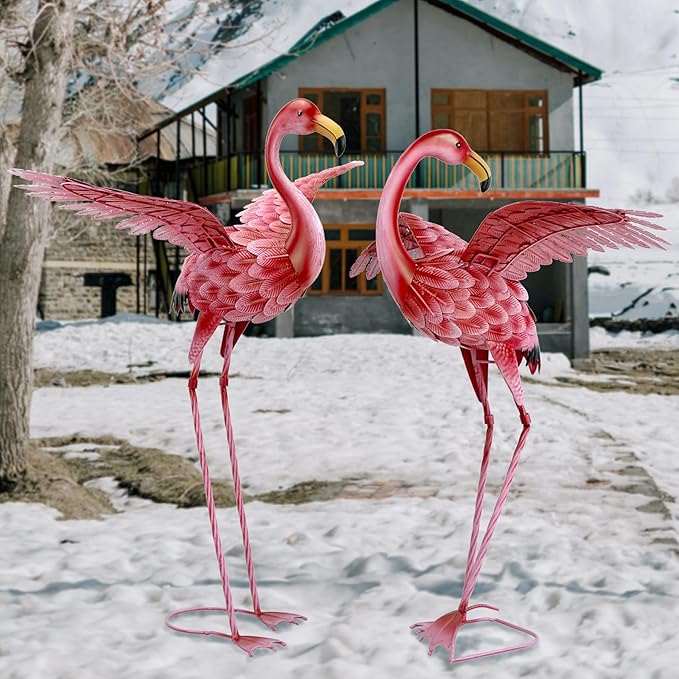 Natelf Pink Flamingo Yard Decorations, Tall Birds Garden Statues and Sculptures, Metal Lawn Art Ornaments for Outdoor Patio Backyard, Set of 2