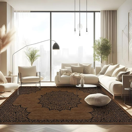 CAMILSON Outdoor Rug, 10x14 Medallion Nut Brown Black Modern Area Rugs for Large Indoor and Outdoor Patios, Kitchen and Hallway Mats, Washable Porch Deck Outside Carpet (Nut Brown Black, 10 x 14)