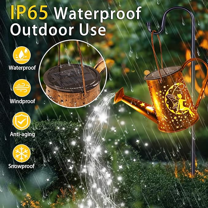Big Solar Powered Watering Can Lantern & Moon Fairy Garden Decor Set Outdoor Waterproof Hanging Path Lights with Shepherd Hooks, Perfect Patio Decor Gardening Gift for Women, Mom, Grandma (Cool White)