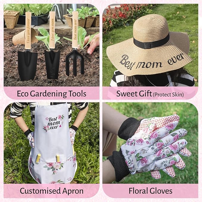 Gifts for Mom,7 Piece Womens Gardening Kit with Pink Gardening Tools,Straw Hat, Floral Gardening Apron and Gloves,Mothers Day Gardening Gifts for Mom Pink
