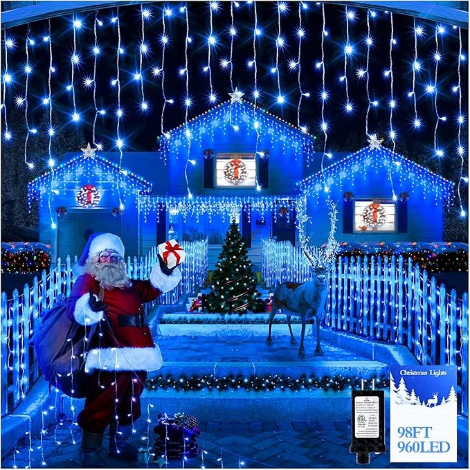 960 LED 98FT Christmas Lights Plug in 8 Modes with Timer Dimmable Christmas Decorations Outdoor Waterproof Indoor Curtain String Lights for Roof Garden Holiday Wedding Party Decor Blue
