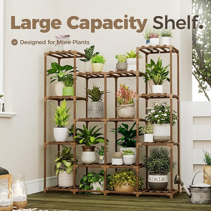 Bamworld Plant Stand Indoor Large Plant Shelf Tall Flower Stands 14 Pots Outdoor Plant Rack for Garden Balcony Patio Window Living Room Corner Wood