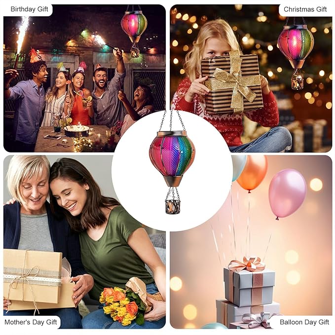 pearlstar Hot Air Balloon Solar Lantern with Flickering Flame Light Outdoor Solar Hanging Lights Waterproof for Garden Yard Farmhouse Patio Pathway Outside Decoration,Glass, Multicolor