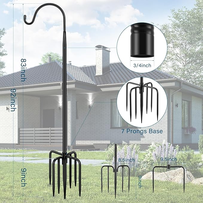 Gtongoko 92 Inch 2 Pack Bird Feeder Poles for Outdoors Heavy Duty, Shepherds Hooks for Outdoor, Hummingbird Feeder Stand, Adjustable Hanger for Plant, Lights, Lanterns Wedding Decor with 7 Prongs Base