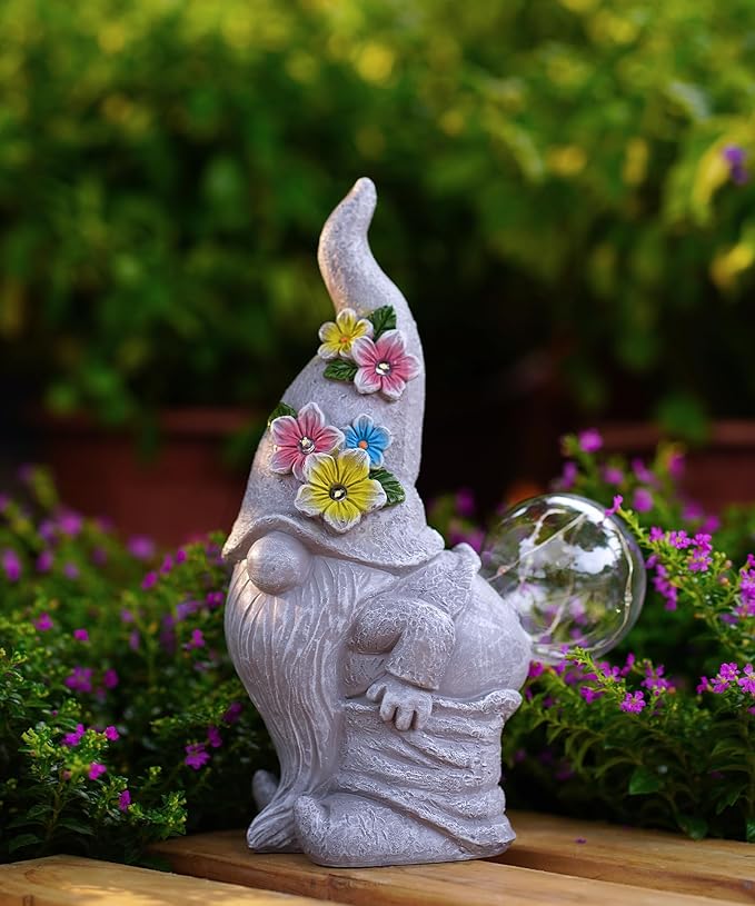 Solar Gnome Statue for Garden Decor: Outdoor Sculpture for Yard Lawn Porch Balcony Patio - Ideal Gift for Lover Mom Women Grandma