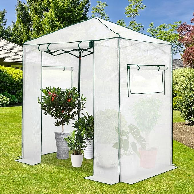 EAGLE PEAK 6x4 Portable Walk-in Greenhouse, Pop-up Indoor Outdoor Garden Green House, Zippered Door and Windows, PE Cover, White