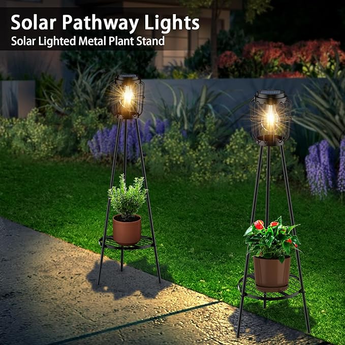 Solar Lights Outdoor with LED Edison Bulbs, Solar Floor Lamp with Plant Stands for Garden Yard Pathway Driveway Front/Back Porch Decoration