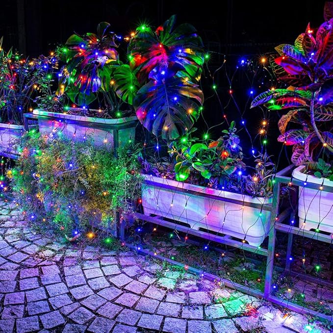 Lomotech 12ft x 5ft 360 LED Christmas Net Lights, 8 Modes Waterproof With Timer Low Voltage Connectable Mesh Lights for Trees, Bushes, Shurb, Garden, Outdoor Decoration(Green Wire, Multi-colored)