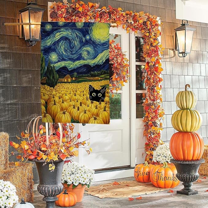 BLKWHT Fall Pumpkin Cat House Flag 28x40 Vertical Double Sided Blue Sky Autumn Thanksgiving Holiday Outside Decorations Burlap Yard Flag BW825-40