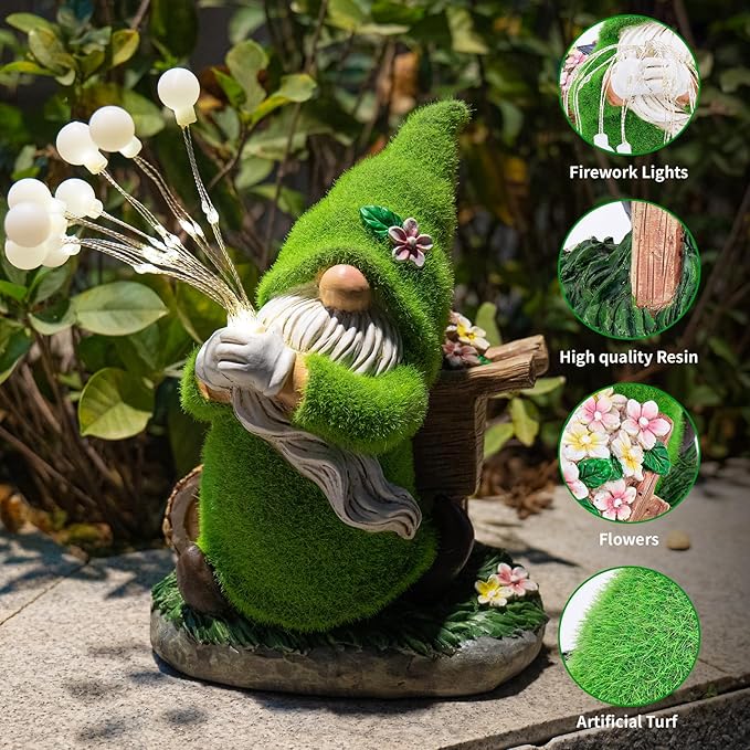 mopha Garden Gnomes Statues Outdoor Decor, Funny Solar Powered Fairy Firefly Lights Lawn Ornaments, Resin Figurines Outside Decoration Clearance Gardening Gift