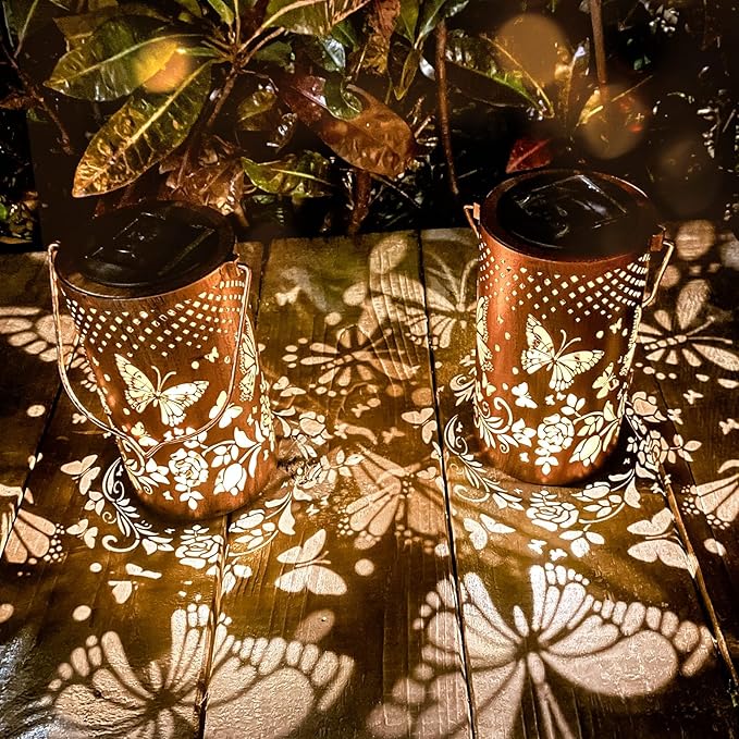 4 Packs Solar Lanterns Outdoor Hanging Lantern Lights, 4 Butterflies Hollowed-Out Metal Decor Lantern, Waterproof LED Decorative Garden Light Gifts