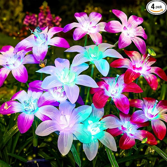 Solar Garden Lights Outdoor, 4 Pack Blooming Lily Solar Flowers Outdoor Waterproof, 7 Color Changing Bigger Flower Lights for Yard Patio Decor, Gift for Mom