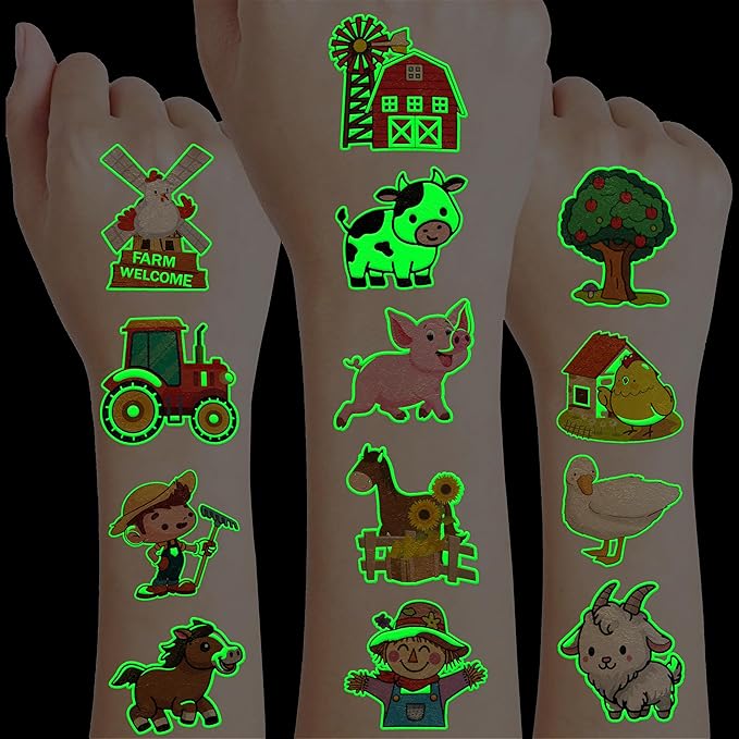 96 PCS Farm Barnyard Animal Glow In The Dark Pre-Cut Temporary Tattoos Sticker 1st First 2nd Birthday Decorations Party Favors Supplies Gift Boy Girl Farmhouse Tattoo School Reward Themed (Luminous)