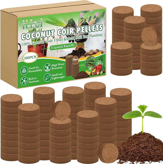 Halatool 30mm 200pcs Organic Coconut Coir Pellets Soil for Planting, Compressed Coco Coir Soil Potting Soil Seed Starters for Growing Vegetables, Fruits, Flowers