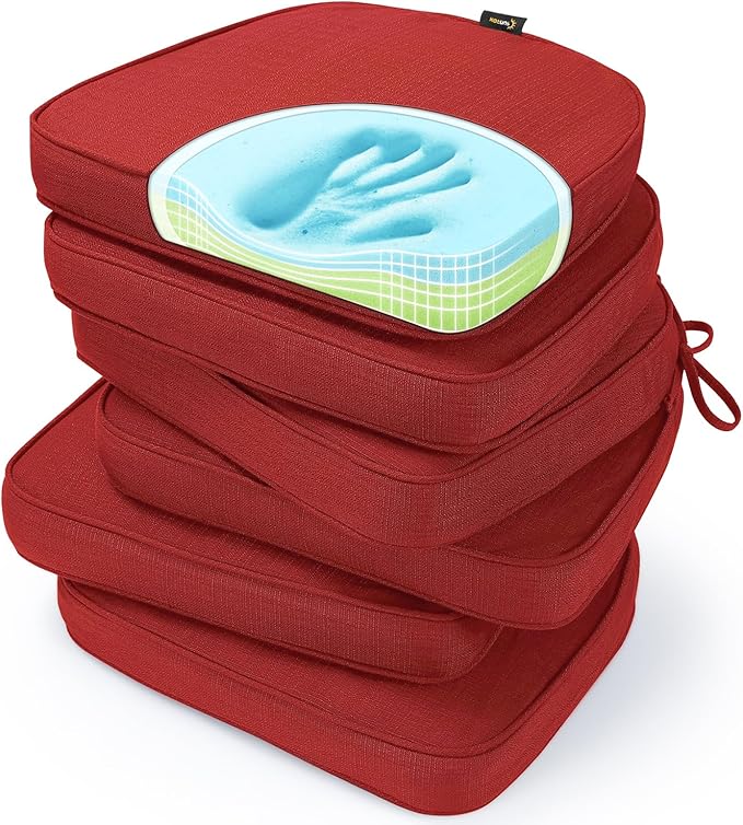 SUNROX Gel Memory Foam Chair Cushions, FadeShield Water-, Stain-Resistant Durable Reversible Seat Cushion Pads with Ties for Indoor/Outdoor Kitchen Dining Office 17"x16" Set of 6, Burgundy
