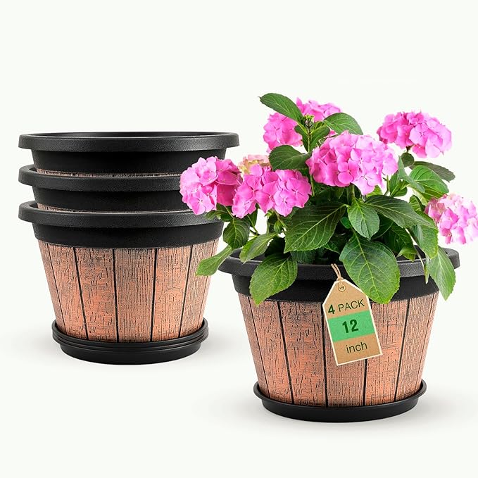 Quarut 4 Pack 12 inch Plant Pots,Whiskey Barrel Planters with Drainage Holes & Saucer,Plastic Decoration Flower Pots Retro Design,Planters for Outdoor Indoor Garden Home Plants (Brown)
