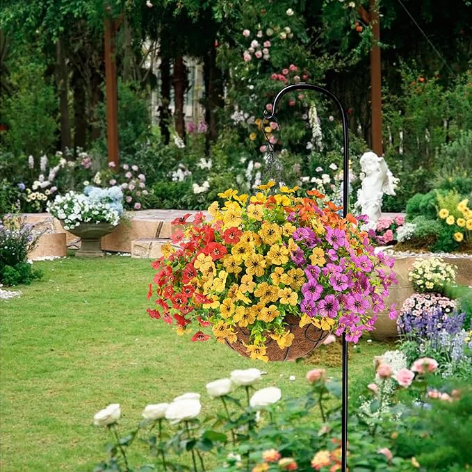 Artificial Faux Hanging Plants Flowers Basket for Spring Outdoor Decoration, Fake Silk Daisy in Planter Realistic UV Resistant Look Real for Porch Home Patio Balcony Yard(Multicolor)