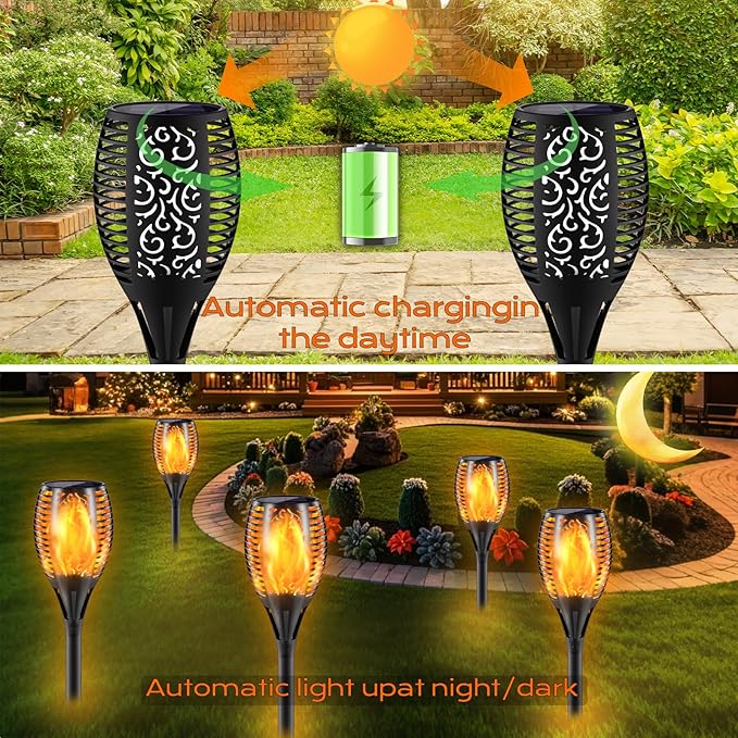 Upgraded Larger Solar Torch Lights, 43" Flickering Flame Solar Lights, Waterproof Outdoor Solar Landscape Decoration Lighting 96 LED Auto On/Off Garden Patio Yard Pathway,Black 4 Pack (4)